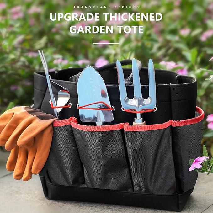Garden Tools 9-Piece Heavy Duty Gardening Hand Tools with Fashion and Durable Garden Tools Organizer Handbag, Rust-Proof Garden Tools Set, Ideal Gardening Gifts for Women (Black Red)-PurrikoPets