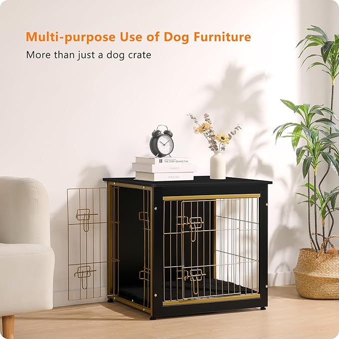 DWANTON Dog Crate Furniture with Cushion, Wooden Kennel Table with Double Doors, Indoor Dog House, Small/Medium/Large Size, 27.2" L, Black+Gold-PurrikoPets