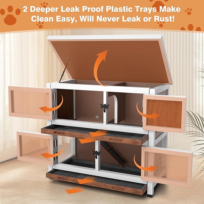 2 Story Rabbit Hutch, Indoor Outdoor Bunny Hutch Solid Wood Rabbit Cage with Removable Trays, Waterproof Asphalt Roofs and Ventilation Door, Small Animal House for Rabbit Guinea Pig Ferret, Walnut-PurrikoPets