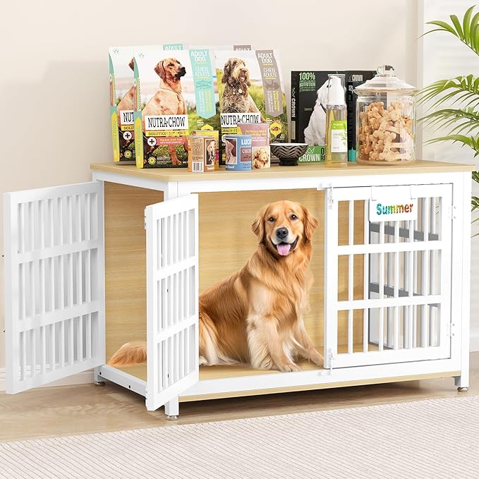 EasyCom Heavy Duty Dog Kennel Indoor with Name Tag, XL Dog Crate Furniturefor Large and Medium Dogs, Double-Doors Sturdy Dog Cage for Anxiety Dog, Decorate House as TV Stand, End Table, Bedside Table-PurrikoPets