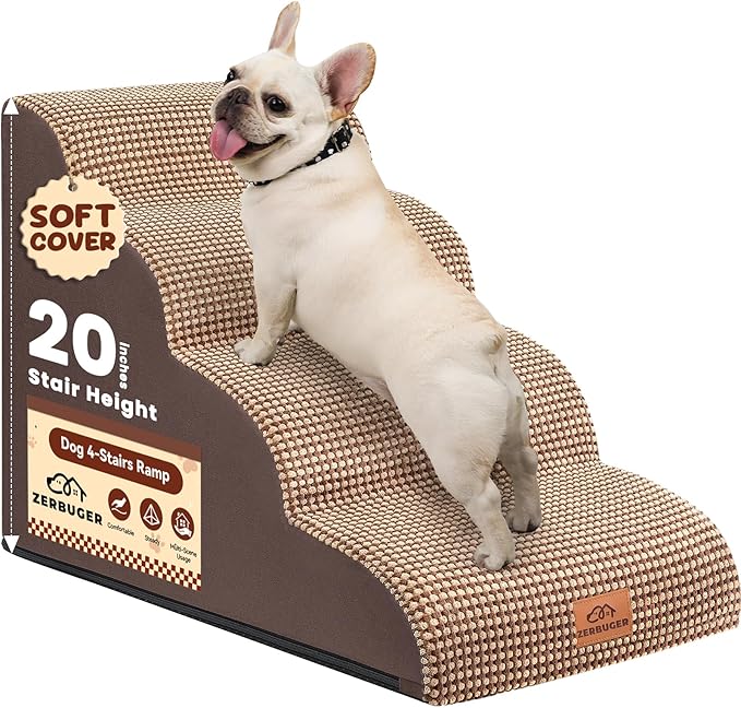 Dog Ramp and Stair for Bed 16" H-20 H,3-Step Cat Stair for Sofa and Chair,4-Step Dog Ramp for High Bed and Window,Durable Nonslip Fabric Cover for Indoor (Coffee-20 H, Pet Friendly, 4)-PurrikoPets