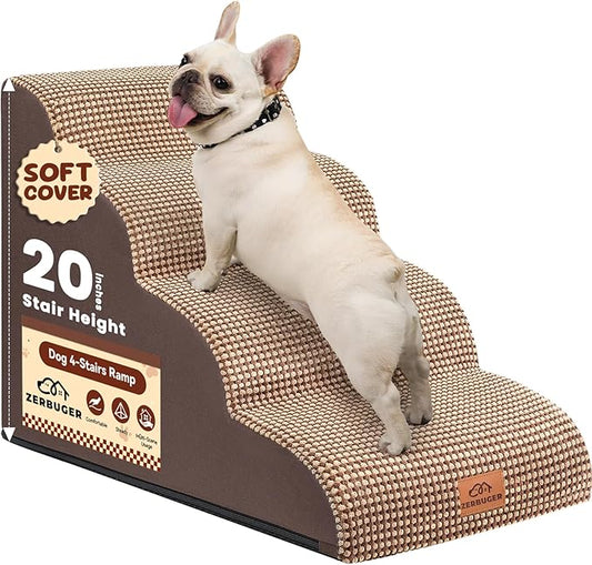 Dog Ramp and Stair for Bed 16" H-20 H,3-Step Cat Stair for Sofa and Chair,4-Step Dog Ramp for High Bed and Window,Durable Nonslip Fabric Cover for Indoor (Coffee-20 H, Pet Friendly, 4)-PurrikoPets