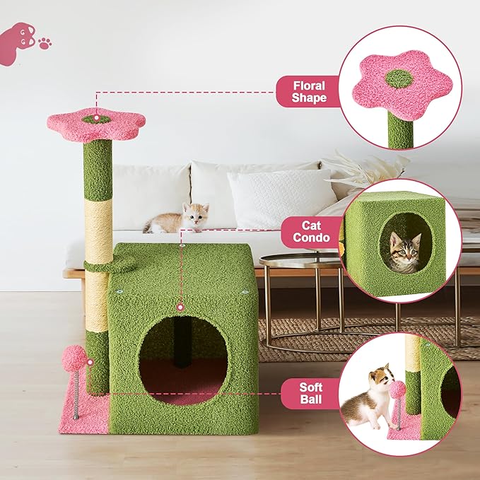 24 Inch Cat Tree Condo for Indoor Cats with Floral Sisal Scratching Post, Plush Hang Ball Play Furniture for Kittens Cats, Pink-PurrikoPets