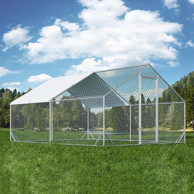 4ever2buy Large Metal Chicken Coop with Run Walk-in Poultry Cage Chicken Runs House Pen Cage Spire Roofed Chicken Coops with Anti-Ultraviolet Cover for Outdoor Yard Farm Use 9.8’L x 13.1’W x 6.4’H-PurrikoPets
