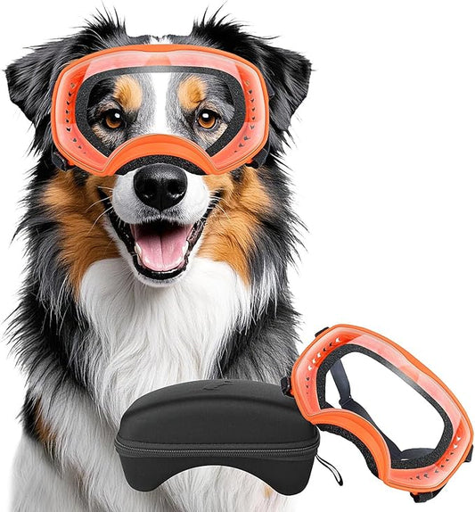 Dog Sunglasses UV Protection Clear Dog Goggles Windproof Glasses with Elastic Straps for Medium-Large Breed, Orange Frame + Clear Lens-PurrikoPets