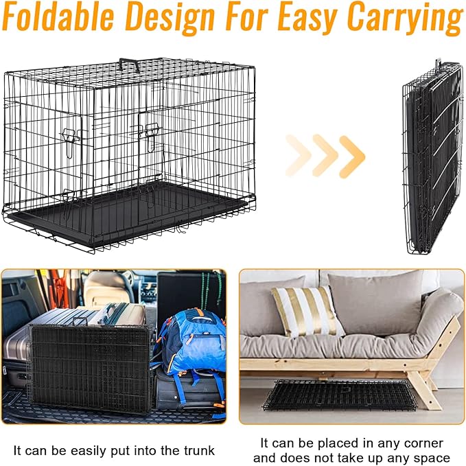 FDW Dog Crate for Medium Dogs 30 Inch Folding Metal WirePet Cage Double Door W/Divider Panel Indoor Outdoor Kennel Leak-Proof Plastic Tray,Black-PurrikoPets
