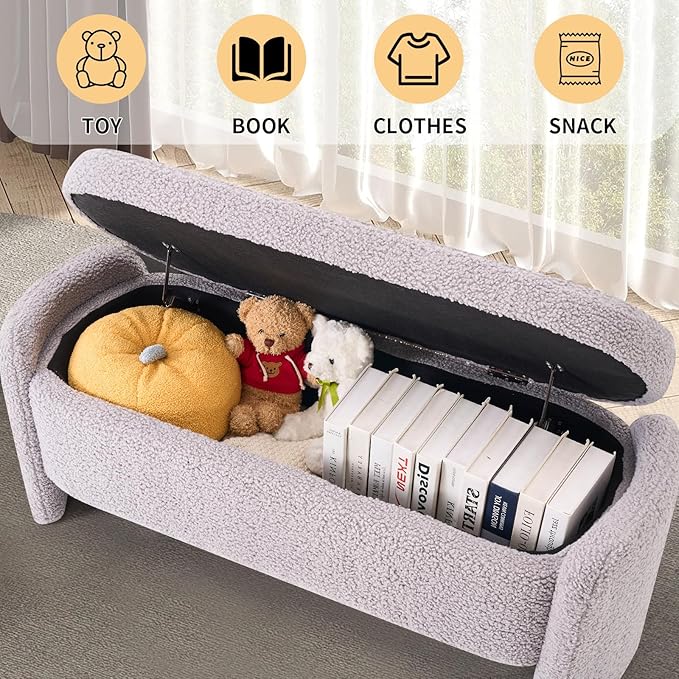 48 Inch Lamb Fleece Oval Storage Bench Upholstered Ottoman Bench with Storage, Bedroom Bench with Large Storage Space, for Bedroom Living Room Entryway, Grey-PurrikoPets