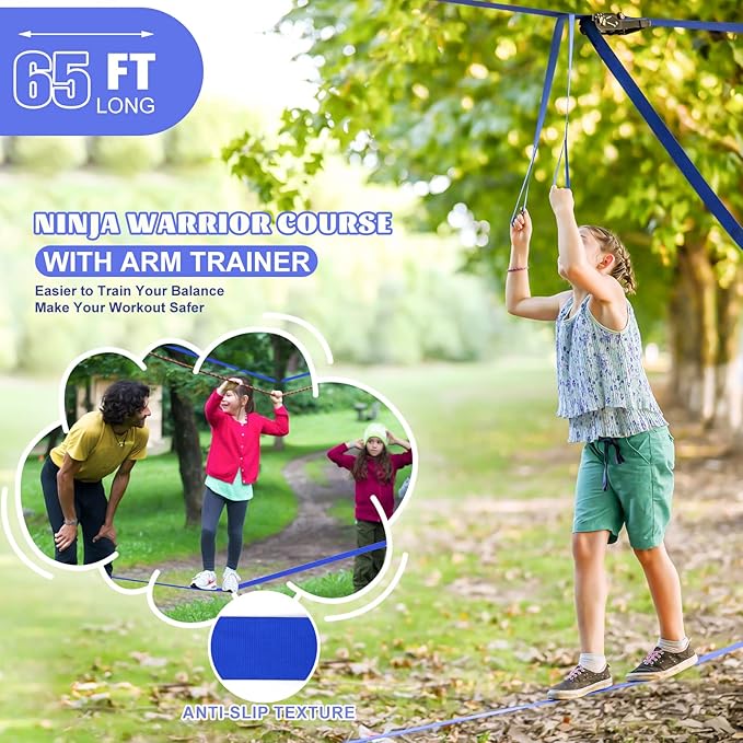 2x65 FT Ninja Warrior Obstacle Course for Kids with 13 Ninja Accessories - 600lbs Weight Capacity, Slackline with Swing Seat, Disc Swing, Ninja Wheel, Rope Ladder, Monkey Bar, Ninja Ring, Arm Trainer-PurrikoPets