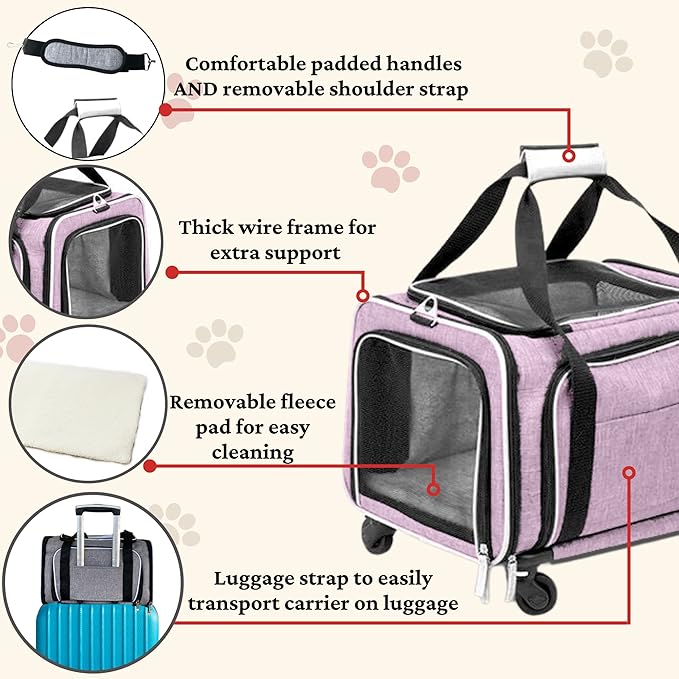 Airline Approved Expandable Premium Pet Carrier on Wheels- Two Sided Rolling Carrier- Designed for Dogs & Cats- Extra Spacious Soft Lined Carrier! - Pink (RL-PET-CARRIER-WHEELS)-PurrikoPets