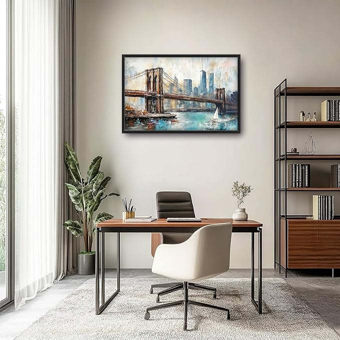 Extra Large Framed Brooklyn Bridge Wall Art,New York City Wall Decor,Abstract Skyline Cityscape Pictures for Living Room,Canvas Print Painting Modern Artwork Bedroom Office Bathroom 36L x24W-PurrikoPets
