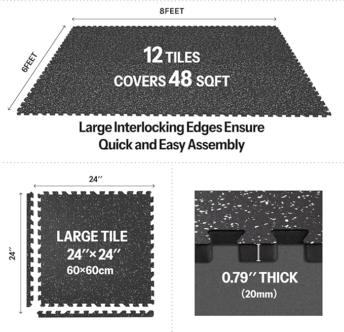 AIRHOP 0.79in Thick 48 Sq Ft Exercise Equipment Mats, 12 Tiles Upgraded Rubber Top with High Density EVA Foam, Large Interlocking Puzzle Gym Flooring for Home Gym, Heavy Weight Workout,Black & White-PurrikoPets