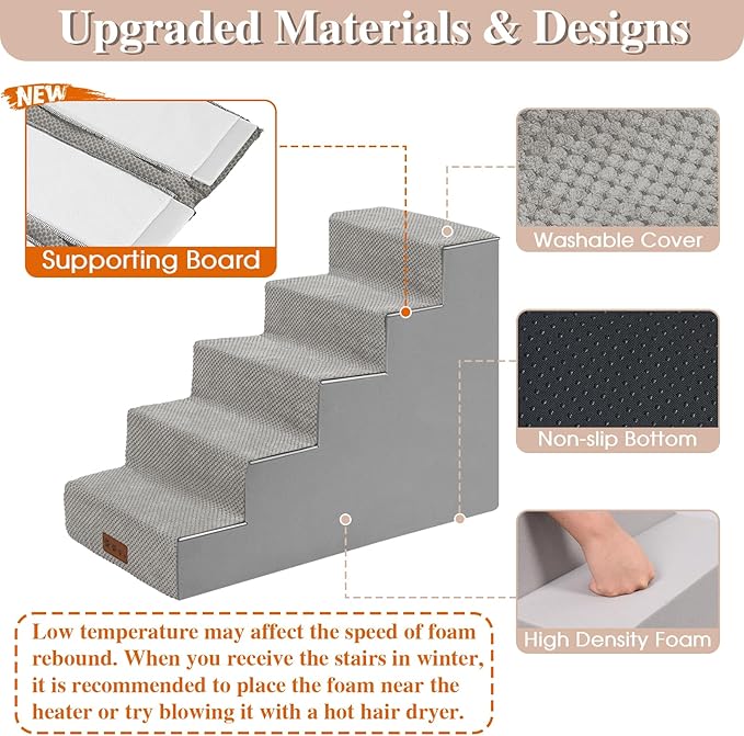 GGIB Dog Stairs for Small Dogs Cats Non-Slip Dog Steps for High Bed Pet Stairs for Sofa Couch Pet Ramp Pet Steps with Removable Washable Cover, Light Grey, 22" H, 5-Step-PurrikoPets
