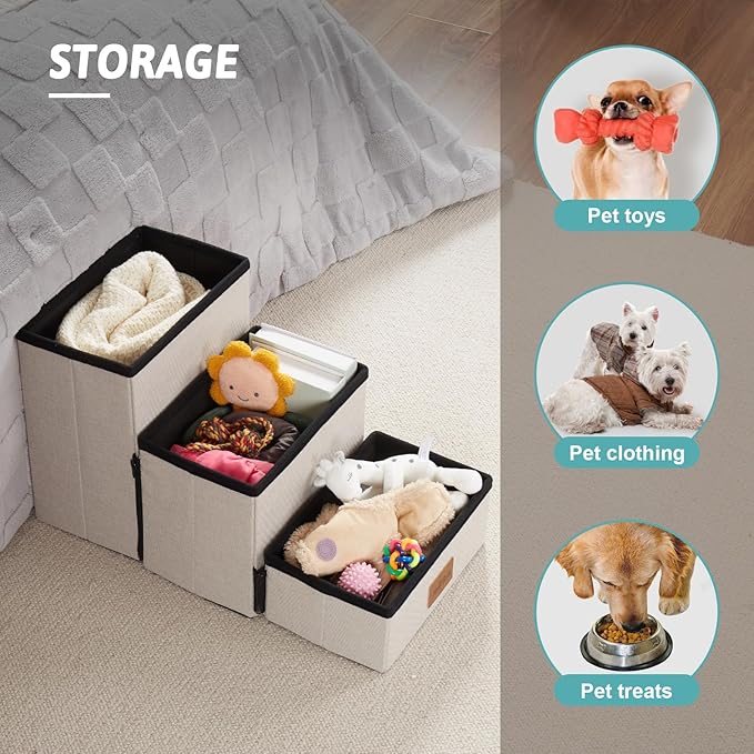 Dog Stair for Small Dogs with Storage, Foldable Pet Step with Soft Cover, Older Cat Ramp for Chair Couch Sofa, Lightweight, Durable, Comfort, 24.8x13x13.6 inch, 3 Tiers, Grey-PurrikoPets