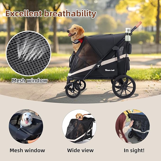 Dog Stroller for Large Dogs One-Click Folding 4 Wheel Foldable Dog Stroller for 2 Dogs with Storage Pocket Suitable for Pets Up to 110LBS (Black, Large)-PurrikoPets