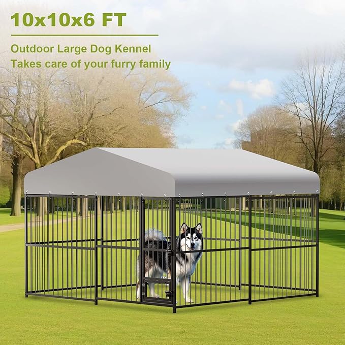 10x10x6FT Large Dog Kennel Outside Dog Playpen Outdoor Dog Enclosures with UV-Resistant Waterproof Roof Covered Dog House Outdoor,Lock,for Medium and Large Dogs,Easy Assembly-PurrikoPets