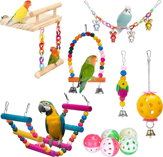 11Pcs Bird Parakeet Toys Wooden Bird Platform Stands Swing Hanging Chewing Toy Parrot Climbing Ladder Colorful Bird Cage Toys for Parakeet, Conure, Cockatiel, Love Birds, Finches-PurrikoPets