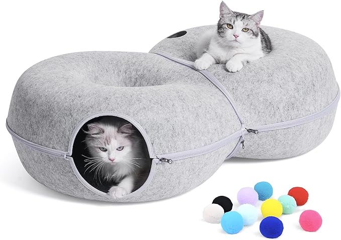 8-Shaped Large Cat Tunnel Bed for Indoor Cats, Infinite Circulation Peekaboo Cat Cave with 12 Toy Balls, Cat Donut Tunnel for Cats up to 30 Pounds (Light Grey, L 38x24x11in)-PurrikoPets