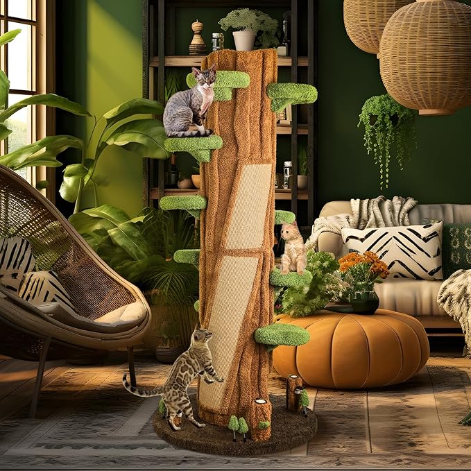 90.5'' Luxury Cat Tree with Scratching Pad, Wooden Cat Tower for Indoor Cats, Large Climber Tower, Tall Kitty Furniture, Multi-Level Condo for Multi-Cat Families-PurrikoPets