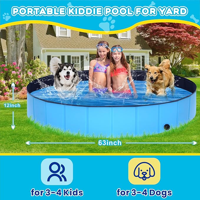 Foldable Dog Pool - 63" x 12" Anti-Slip Portable Dog Swimming Pool, Hard Plastic Collapsible Kiddie Pool for Outdoor and Indoor for Pets Dogs Cats and Kids-PurrikoPets