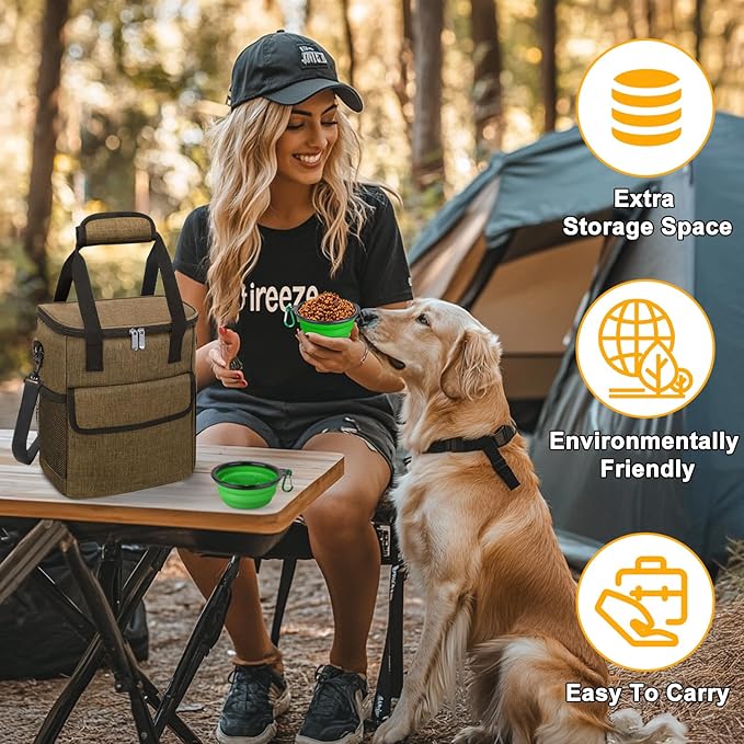 Dog Travel Bag for Camping - Pet Travel Accessories with 2 Collapsible Bowls, 2 Food Containers & Waterproof Feeding Mat - Portable Dog Carrier, Coffee (Small)-PurrikoPets