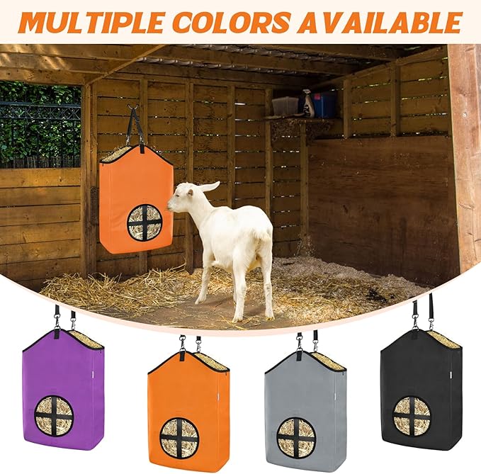 3 PCS Goat Hay Feeder,Hay Bags for Horses,Goats,Donkeys with Reinforced Oxford Fabric and High Strength Metal Clasp,Horse Feeding Supplies with Adjustable Strap for Easy Hanging (2Orange+1Black)-PurrikoPets