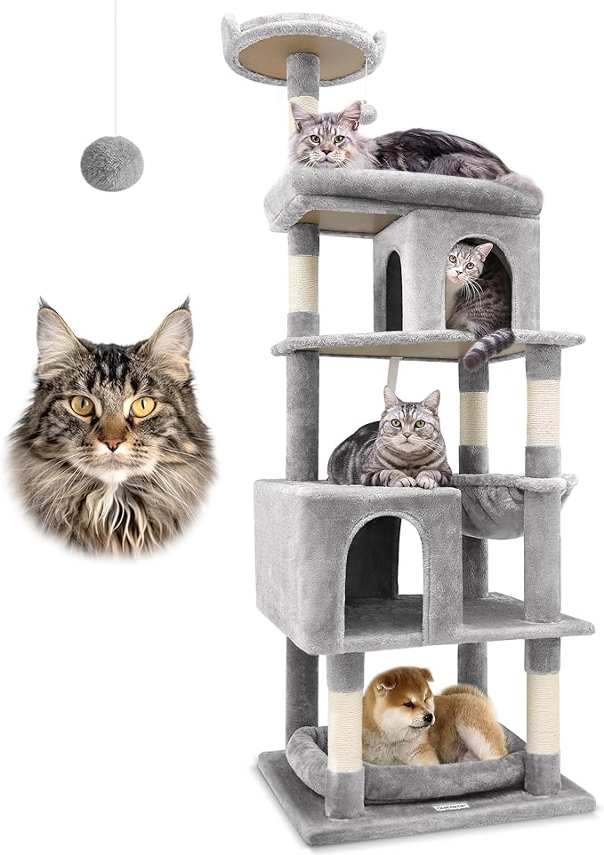 Globlazer Heavy Duty Cat Trees for Large Cats, Sturdy 72in Maine Coon Cat Tree for Large Cats 20 lbs+ Heavy Duty Cat Tower for Adult Biggest Cat with 6 Scratching Posts, Hammock, S72, Light Grey-PurrikoPets