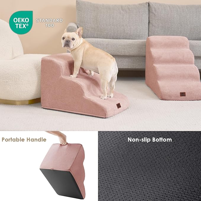 EHEYCIGA Curved Dog Stairs Ramp for Small Dogs 15.7" H, 3-Step Dog Steps for Couch Sofa and Chair, Pet Stairs for Cats, Non-Slip Balanced Pet Steps Indoor, Dusty Pink-PurrikoPets