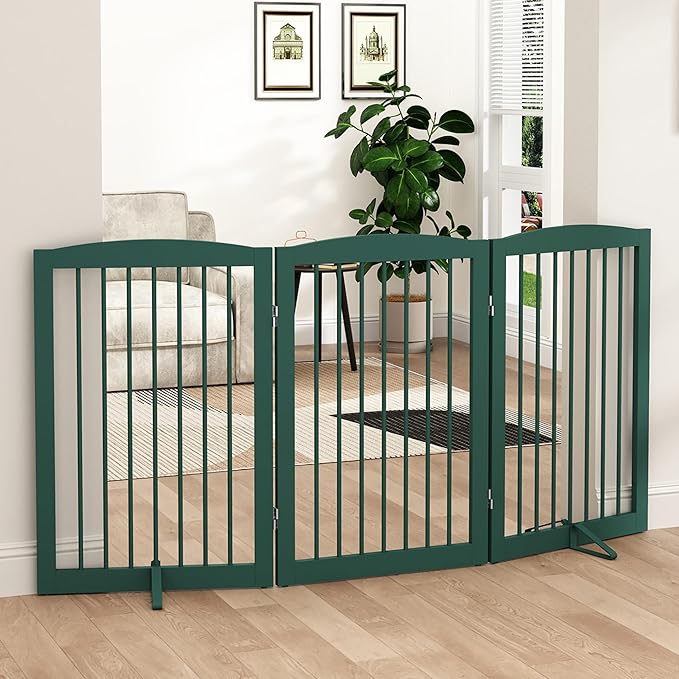 Freestanding Pet Gate for Dogs, Foldable Wooden Dog Gate for House Indoor, Step Over Pet Puppy Safety Fence for Stair, Doorway,Hall, Support Feet Included,3 Panels 32",Green-PurrikoPets