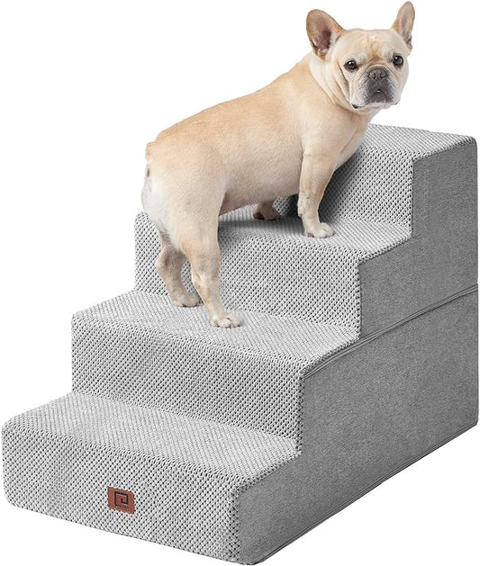 EHEYCIGA Dog Stairs for Bed 20" H, 4-Step Extra Wide Dog Steps for High Bed, Pet Steps for Small Dogs and Cats, Non-Slip Balanced Pet Ramp Indoor, Light Grey-PurrikoPets