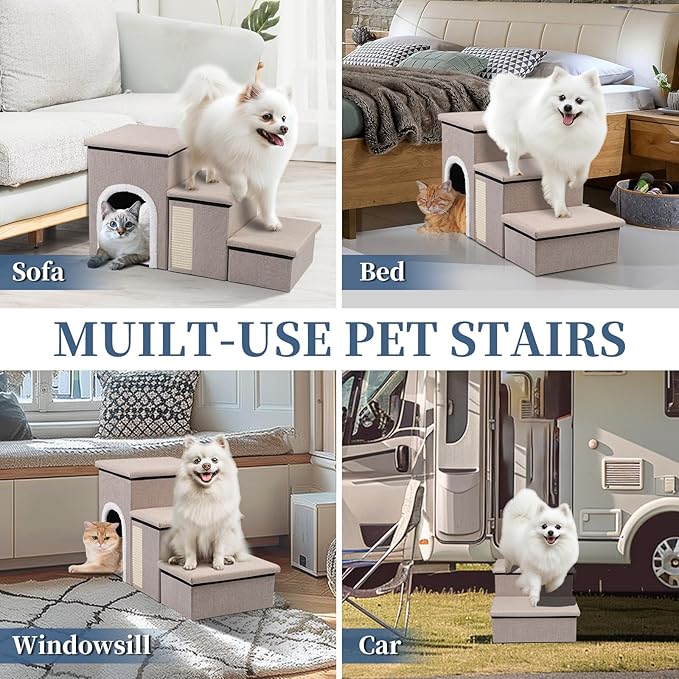Dog Steps for Bed and Couch, 17”H Foldable Dog Stairs for Small Older Dogs Cats, Adjustable Pet Cat Stairs Ramps with Storage with Condo, Scratcher, Hold Up to 180LBS, Pet Cat Steps Beige-PurrikoPets