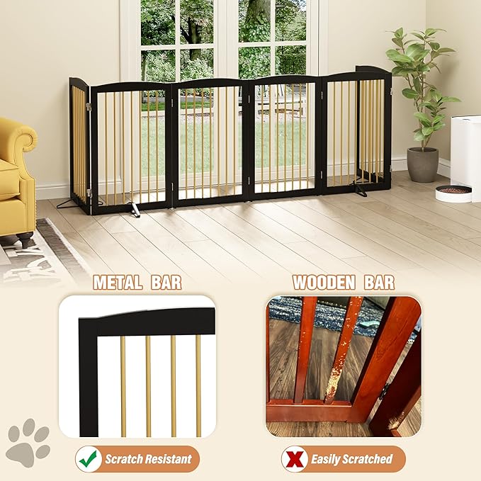 Freestanding Pet Gate for Dogs, Indoor Wooden Dog Gate for House, Extra Wide Dog gate, Foldable Dog Gate for Stair, Doorway, Hall, Support Feet Included, 120 Inch Wide, 6 Panels 32",Black&Gold-PurrikoPets