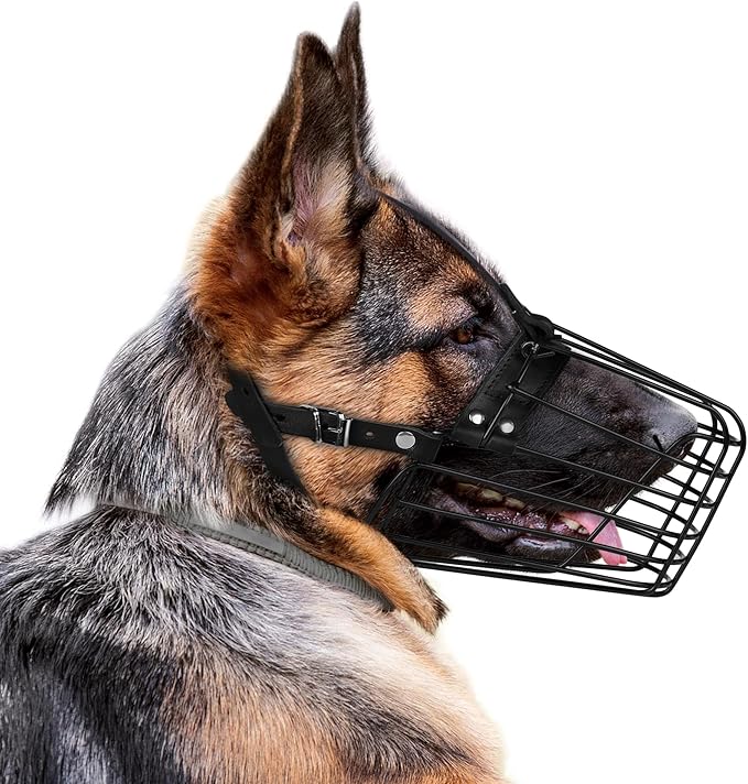 German Shepherd Dog Muzzle Metal Basket for Medium Large Dogs Adjustable Durable Leather Straps Secure Wire Mask for Biting Chewing Barking (Black, M - Size)-PurrikoPets