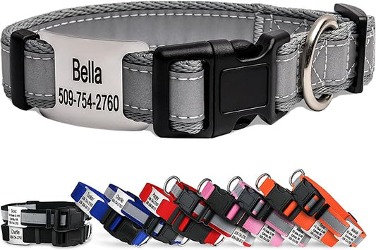 GoTags Reflective Personalized Dog Collar with Nameplate, Adjustable Dog Collar with Custom Engraved Steel Slide On Pet ID Tag, Silent, No Noise Dog Tag for Large Medium or Small (Light Gray, Medium)-PurrikoPets