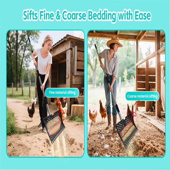 12-Inch 2-in-1 Chicken Poop Scooper & Rake – US Patent Pending – 3-Shape Sifting Holes Chicken Coop Rake，Stainless Steel Handle （20–61"）– Litter Scoop Sand & Sifting Shovel for Chicken Coops (Black)-PurrikoPets
