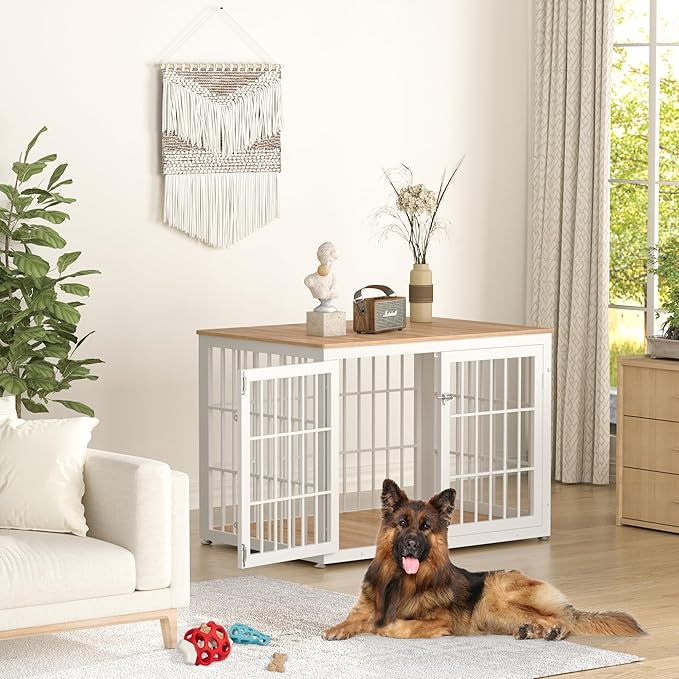 42 Inch Heavy Duty Dog Crate Furniture for Large and Medium Dogs, Decorative Pet House End Table, Wooden Cage Kennel Furniture Indoor, Natural and White-PurrikoPets