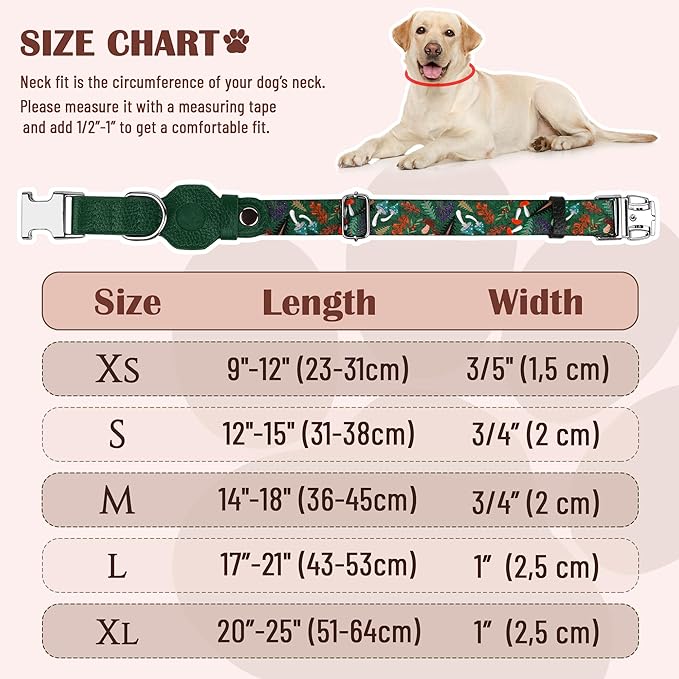 AirTag Dog Collar for Small Medium Large Breed - Adjustable Cute Pattern Dog Collar with Airtag Holder - Soft Leather Tracker GPS Apple Air Tag Pet Collars (X-Small, 9"-12" Neck Fit, Mushroom)-PurrikoPets