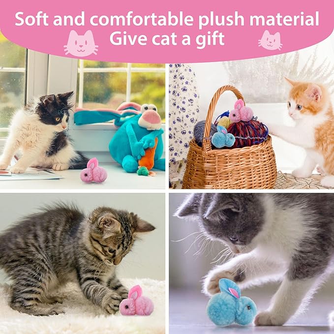 10Pcs Plush Toy Balls, Cute Bunny Shape Kitten Pompom Soft 5.5cm/2.16in Puff Ball Indoor Fun Colorful Cat Ball Toy Pom Pom Balls for Pet-PurrikoPets