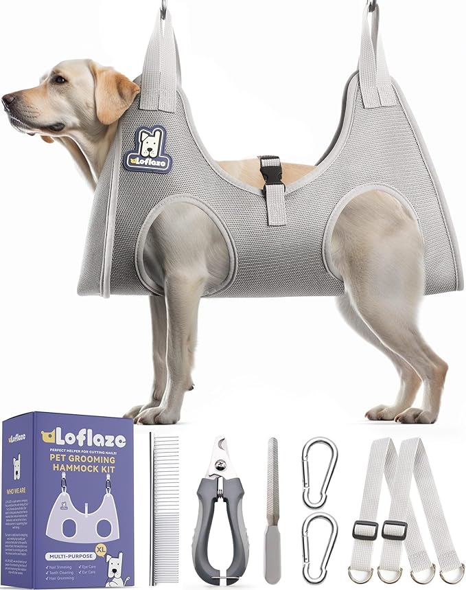 Dog Grooming Hammock Harness for Dogs & Cats with Pet Nail Clipper Trimmer - Cat Hanger Sling for Trimming Clipping Nails- Dog Hammock Restraint Bag for Small Medium Large pet （ Grey XL ）-PurrikoPets