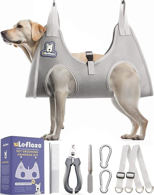 Dog Grooming Hammock Harness for Dogs & Cats with Pet Nail Clipper Trimmer - Cat Hanger Sling for Trimming Clipping Nails- Dog Hammock Restraint Bag for Small Medium Large pet （ Grey XL ）-PurrikoPets