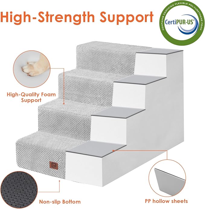 EHEYCIGA Dog Stairs for Bed 20" H, 4-Step Extra Wide Dog Steps for High Bed, Pet Steps for Small Dogs and Cats, Non-Slip Balanced Pet Ramp Indoor, Light Grey-PurrikoPets