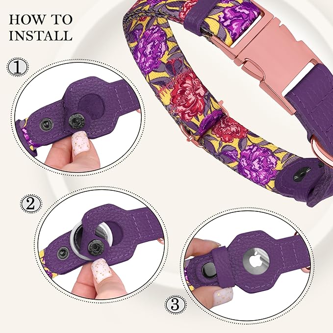 AirTag Dog Collar for Small Medium Large Breed - Adjustable Cute Pattern Dog Collar with Airtag Holder - Soft Leather Tracker GPS Apple Air Tag Pet Collars (X-Large, 20"-25" Neck Fit, Peonies)-PurrikoPets