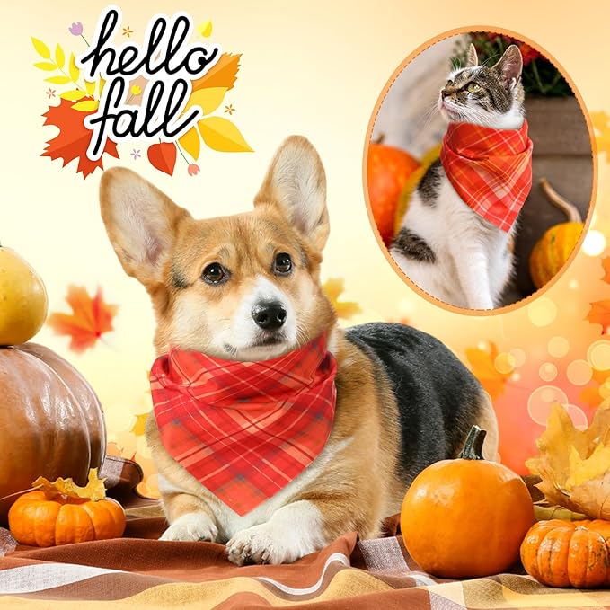 100 Pieces Fall Dog Bandanas Bulk Plaid Bandanas for Dogs Autumn Thanksgiving Soft Doggie Bibs Adjustable Triangle Scarves for Small Medium Large Pet Fall Autumn Costume-PurrikoPets