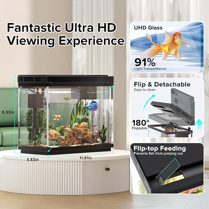 Fish Tank, 2.4 Gallon Fish Aquarium, Fish Tank Starter kit with Smart Humidifier, Temperature Display, 7-Color Lighting, 3 in 1 Quiet Pump with Filteration & Oxygenation & Circulation-PurrikoPets