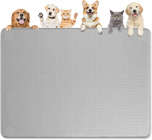 Dog Food Mat, Extra Large 50" x 35" Silicone Pet Feeding Mat with Raised Edge Pet Placemat for Small, Medium, and Large Pets Non-Slip, Easy to Clean (Grey)-PurrikoPets