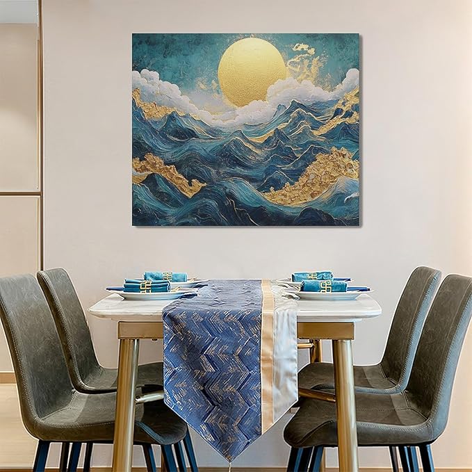 Framed Large Sun Mountain Wall Art, Oversized Teal and Golden Sun Wall Decor for Living Room, Abstract Landscape Canvas Painting Modern Artwork Home Decoration for Living Room Bedroom 60"x30"-PurrikoPets