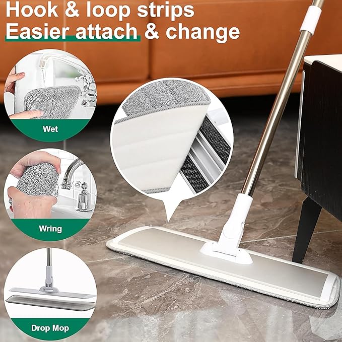 18" Professional Microfiber Mop Floor Cleaning System, Flat Mops with Stainless Steel Handle, 4 Reusable Washable Mop Pads, Wet and Dust Mopping for Hardwood, Vinyl, Laminate, Tile Cleaning (White)-PurrikoPets