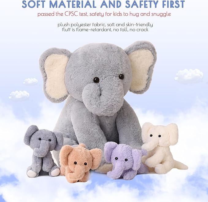 5 Pieces Elephant Stuffed Animals for Girls, 1 Mommy Elephant with 4 Babies Soft Plush Set Toys Gifts for Kids Children 3 4 5 6 7 8 9 Years, Christmas, Birthday, Children's Day-PurrikoPets