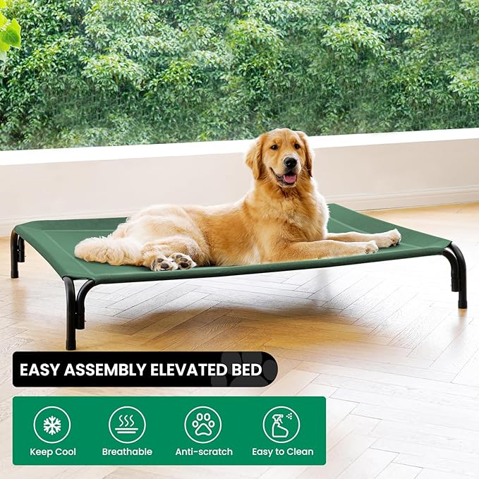 Elevated Dog Bed Raised Outdoor Dog Cot for Medium Dogs, Installation Requires No Tools, Frame with Washable Cooling Breathable Mesh Anti-Slip Feet, Indoor Pet Bed, Green, 35.4 Inches-PurrikoPets