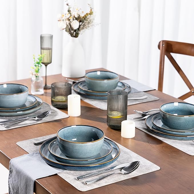 GBHOME Ceramic Dinnerware Sets for 6, 18 Pieces Stoneware Plates and Bowls Sets, Scratch Resistant Dishes, Dishwasher & Microwave Safe, Space Blue-PurrikoPets