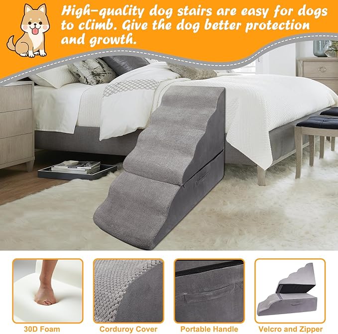 Dog Stairs&Steps for 30 Inches Tall High Bed Up to 30-36 Inch, Pet Dog Ramp Ladder for Small Dogs, Doggie, Old Cats, Kitty, Small Animals Grey-PurrikoPets